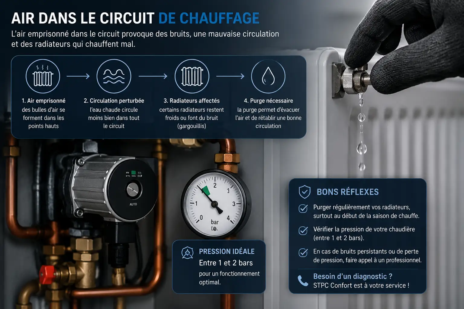 Manomètre de chaudière indiquant la pression chaudière idéale du circuit de chauffage central