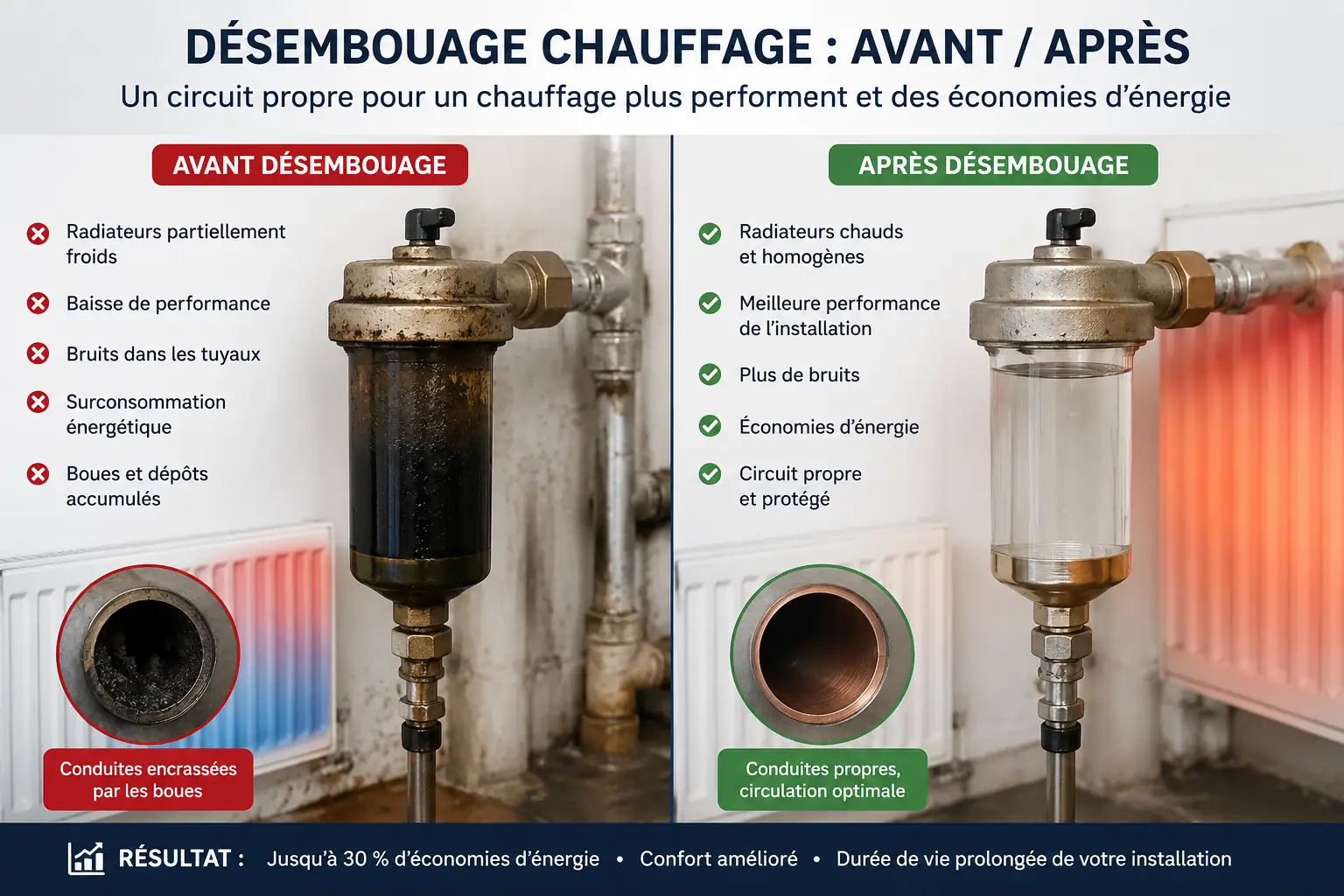 Avant après désembouage chauffage : amélioration des radiateurs, circuit propre et économies d’énergie