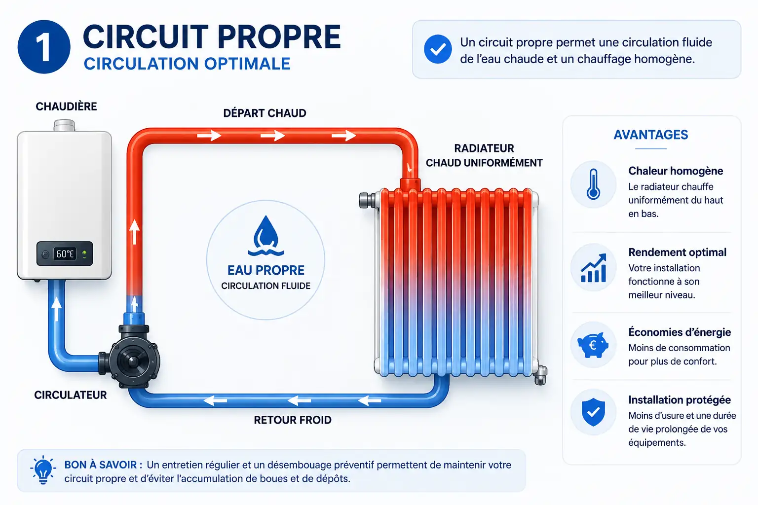 Schéma d’un circuit de chauffage propre avec circulation normale