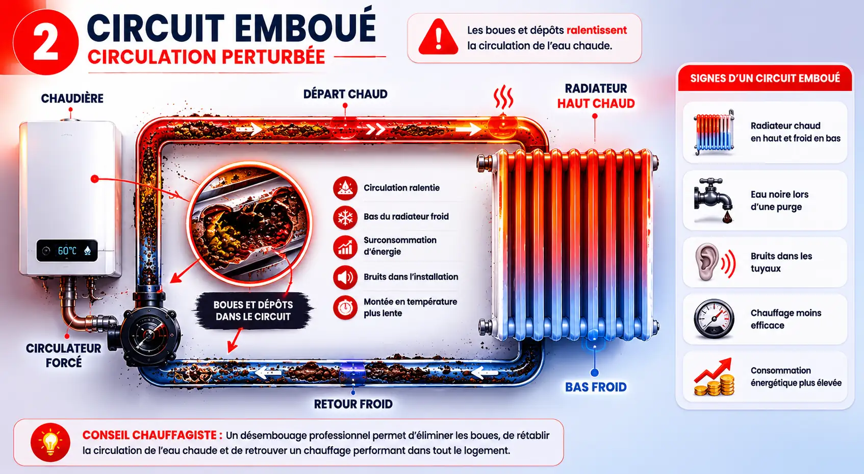 Schéma d’un circuit de chauffage emboué avec radiateur froid en bas