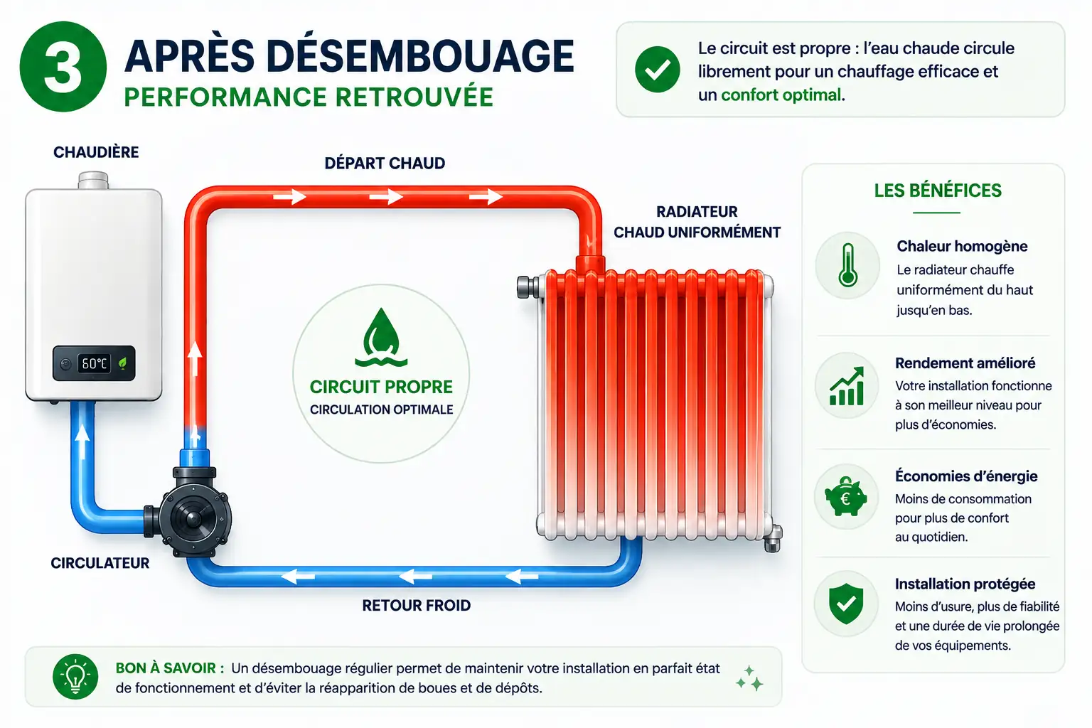Schéma d’un radiateur après désembouage avec chauffage homogène