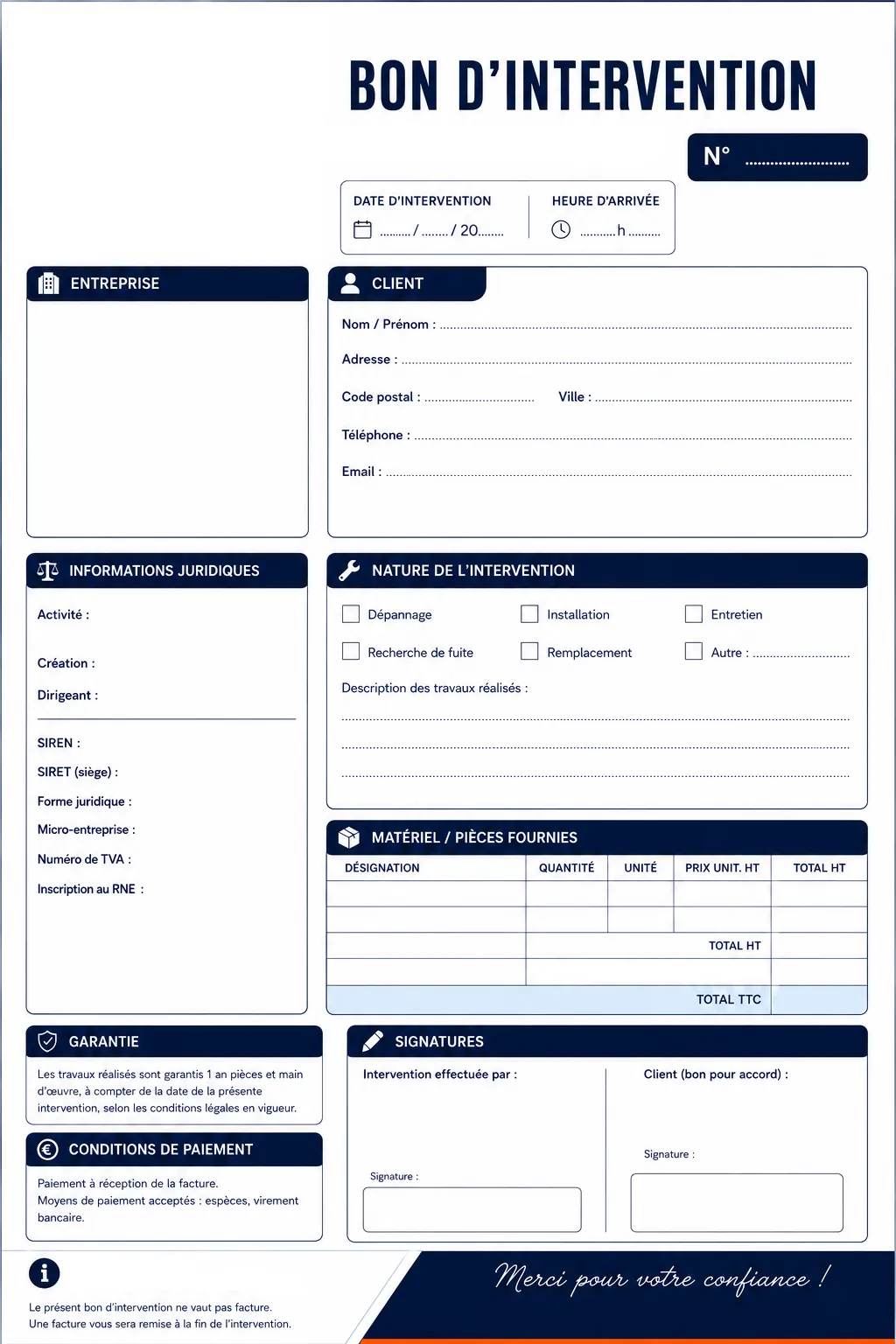 Modèle de bon d’intervention travaux PDF gratuit pour artisan, entreprise et auto-entrepreneur