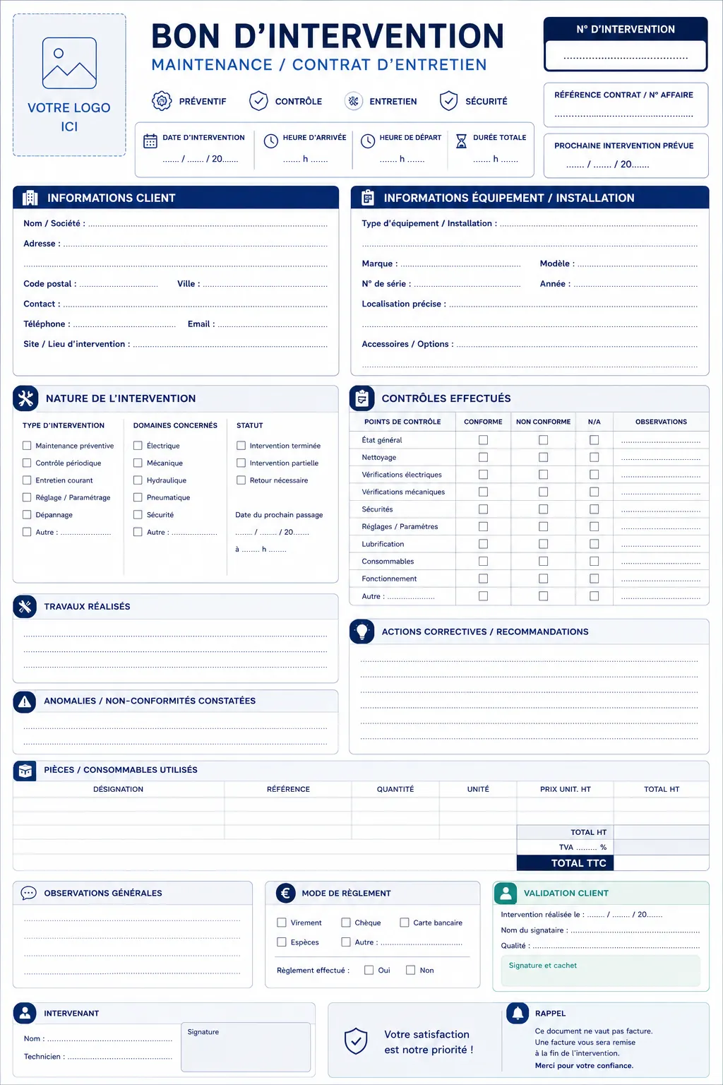 Bon d’intervention maintenance entretien PDF gratuit pour contrat d’entretien contrôle périodique et recommandations techniques