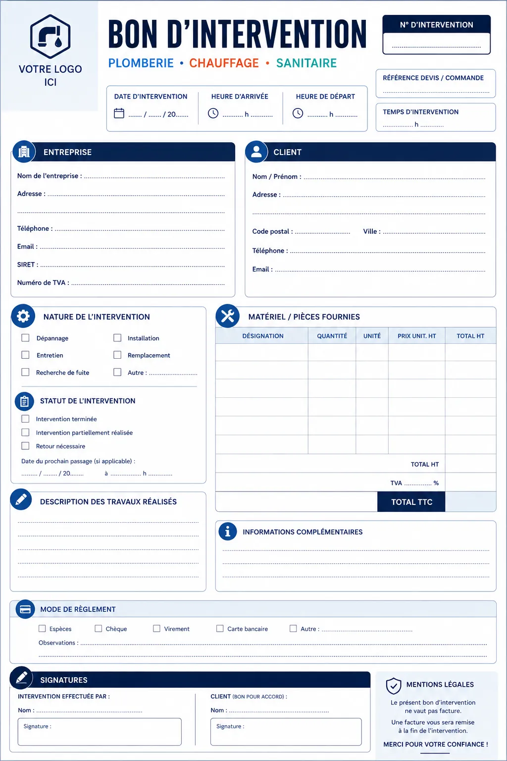 Modèle de bon d’intervention professionnel PDF gratuit avec informations client entreprise devis et règlement