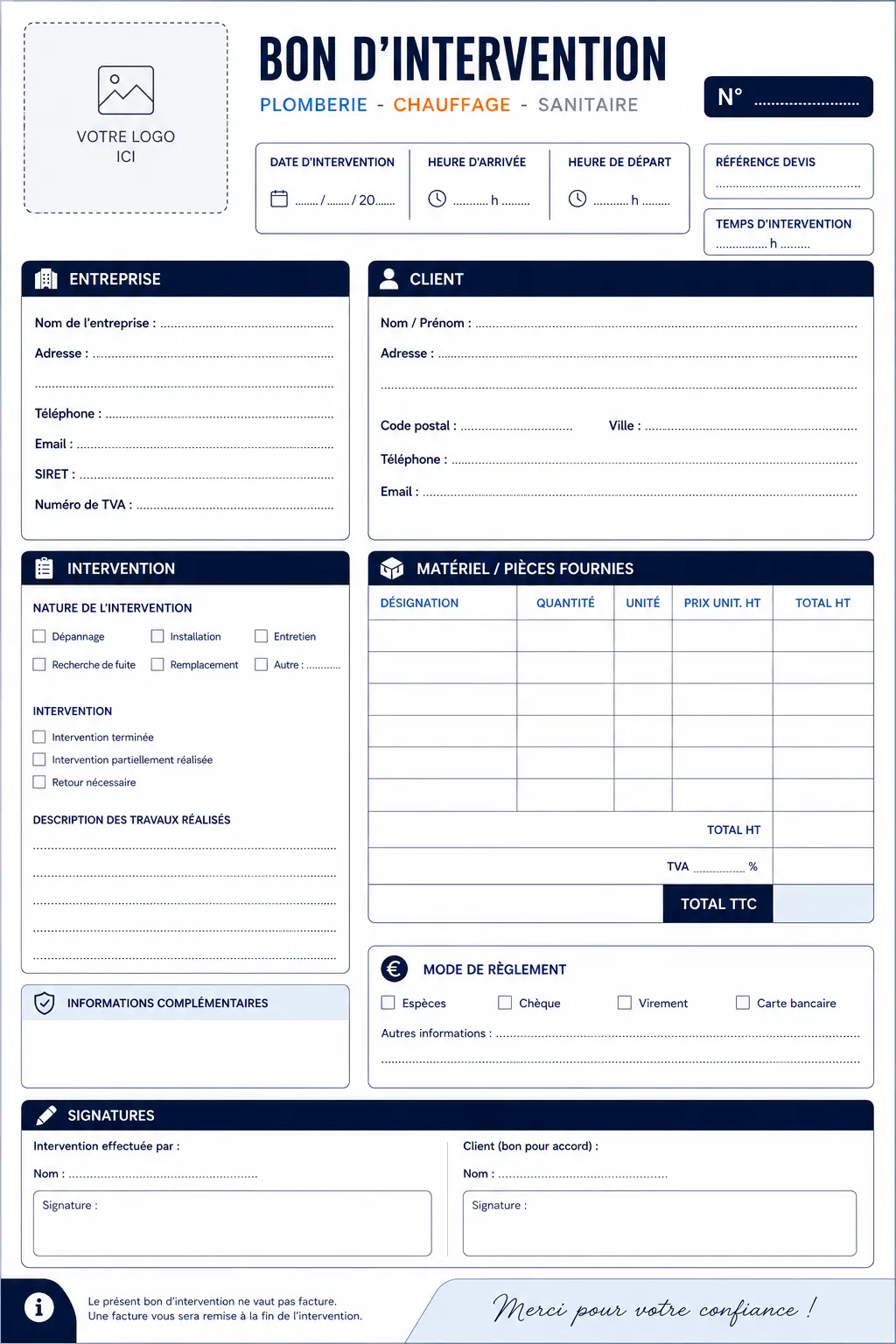 Modèle de bon d’intervention SAV PDF gratuit pour dépannage suivi client observations et prochain passage