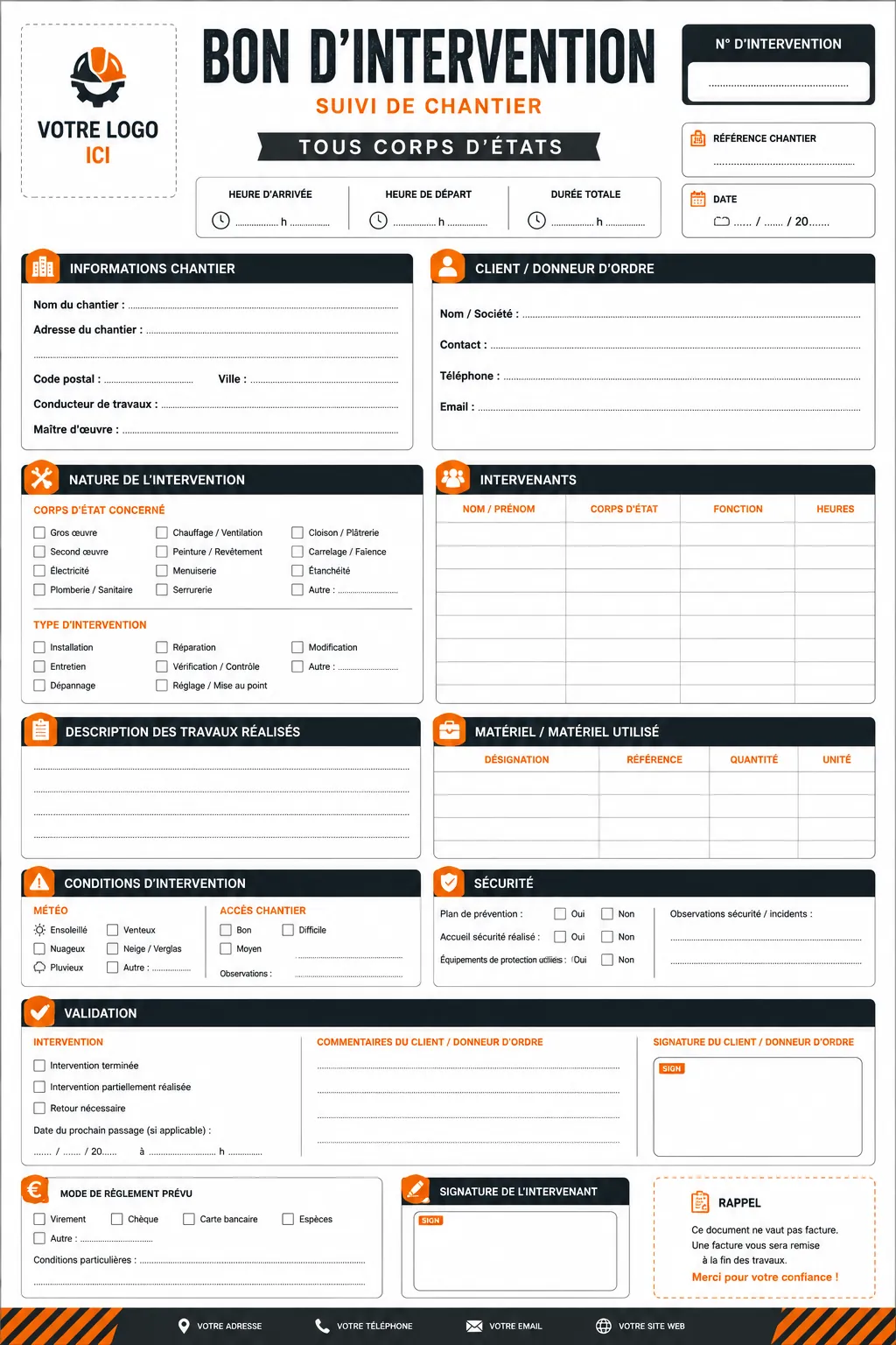 Bon pour suivi de chantier PDF gratuit pour travaux BTP sous-traitants observations sécurité et validation client