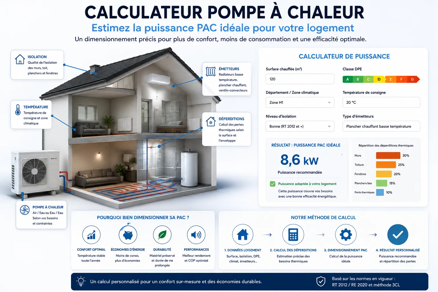 Calculateur de pompe à chaleur permettant d'estimer la puissance PAC selon la surface, le DPE, les déperditions et l'isolation du logement.