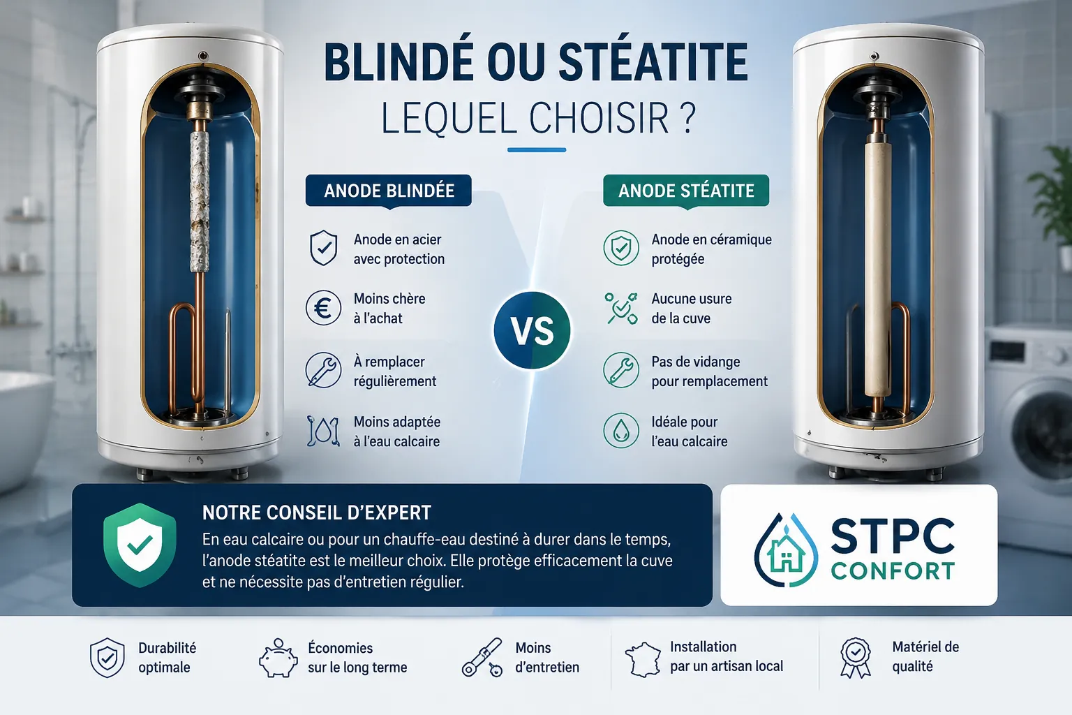 Comparatif entre un chauffe-eau blindé et un chauffe-eau stéatite pour choisir le modèle le plus adapté selon le calcaire, le budget et la durée de vie