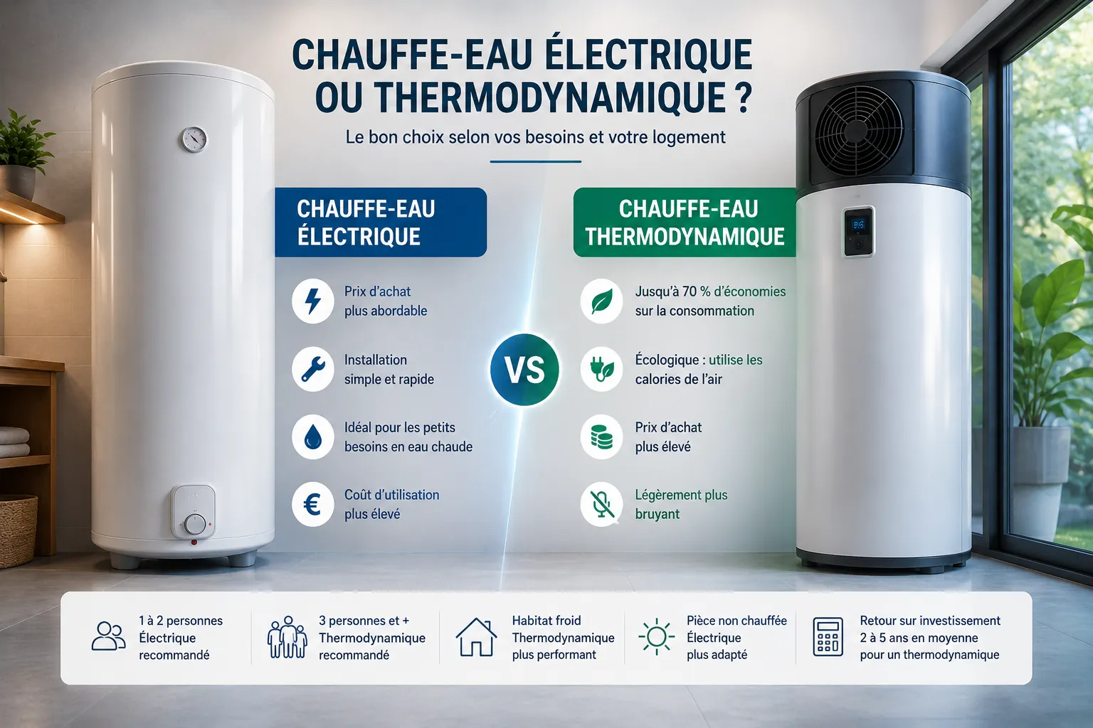 Comparatif entre un chauffe-eau électrique et un chauffe-eau thermodynamique pour choisir selon le budget, la consommation, le logement et les économies d'énergie
