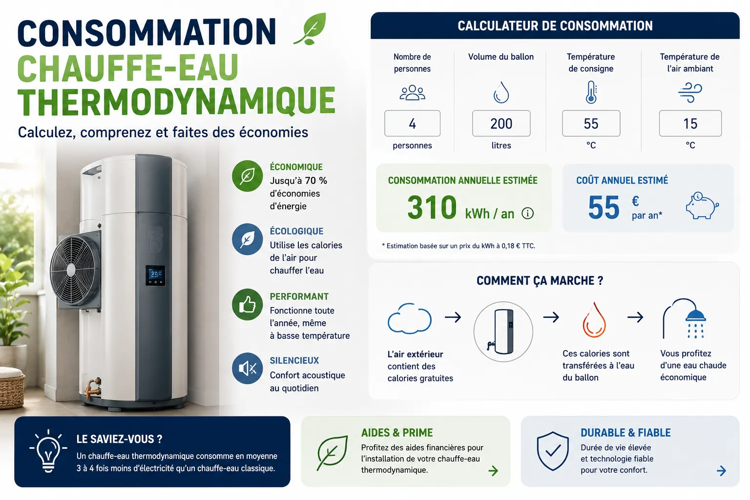 Consommation chauffe-eau thermodynamique et calculateur de consommation Consommation chauffe-eau thermodynamique : ballon 200L, 250L et 300L avec calcul du coût réel en kWh
