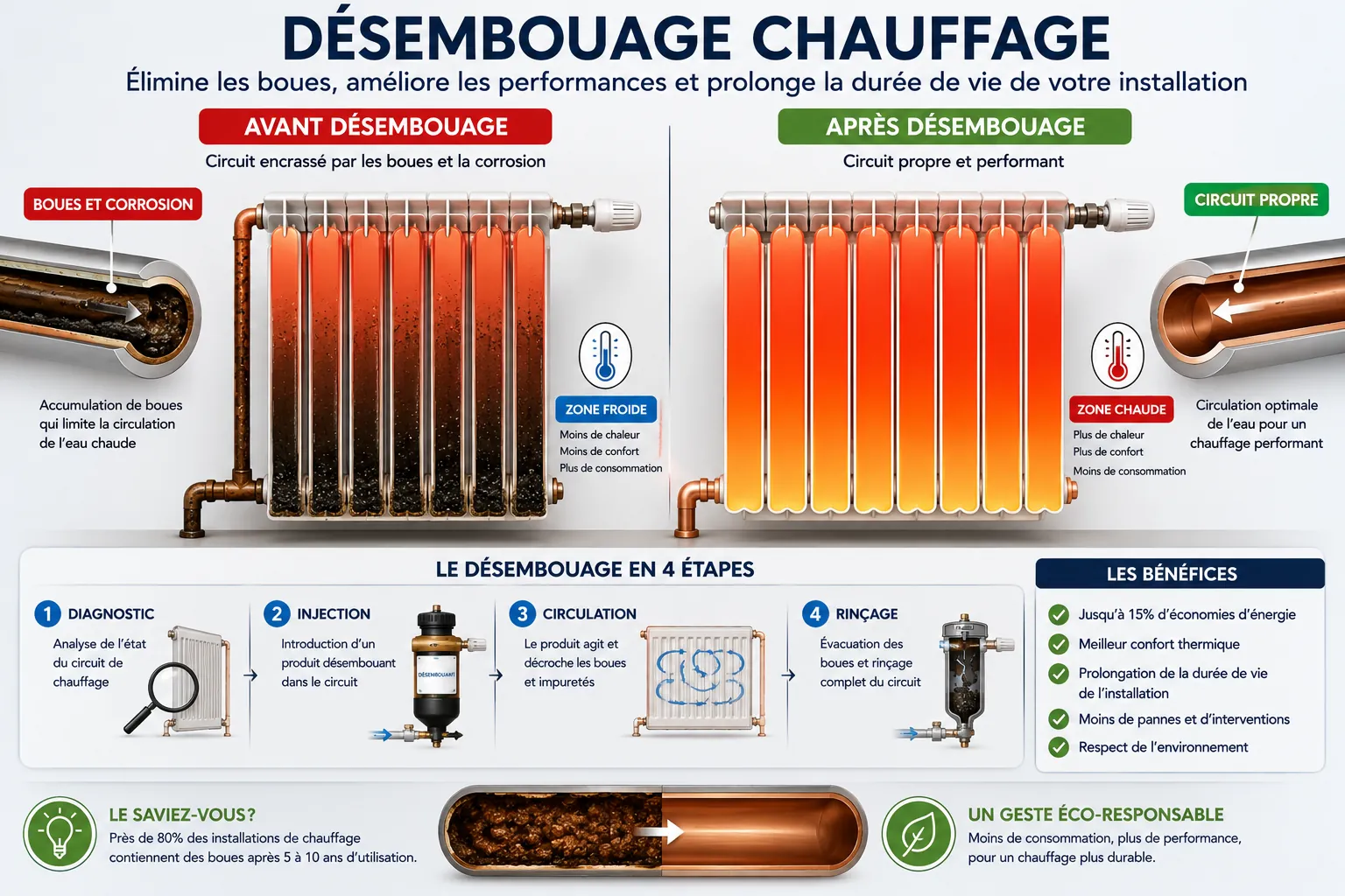 Schéma en coupe d'un radiateur emboué avec accumulation de boue marron en bas créant une zone froide, comparé à un radiateur propre après désembouage où l'eau circule librement et diffuse une chaleur homogène.