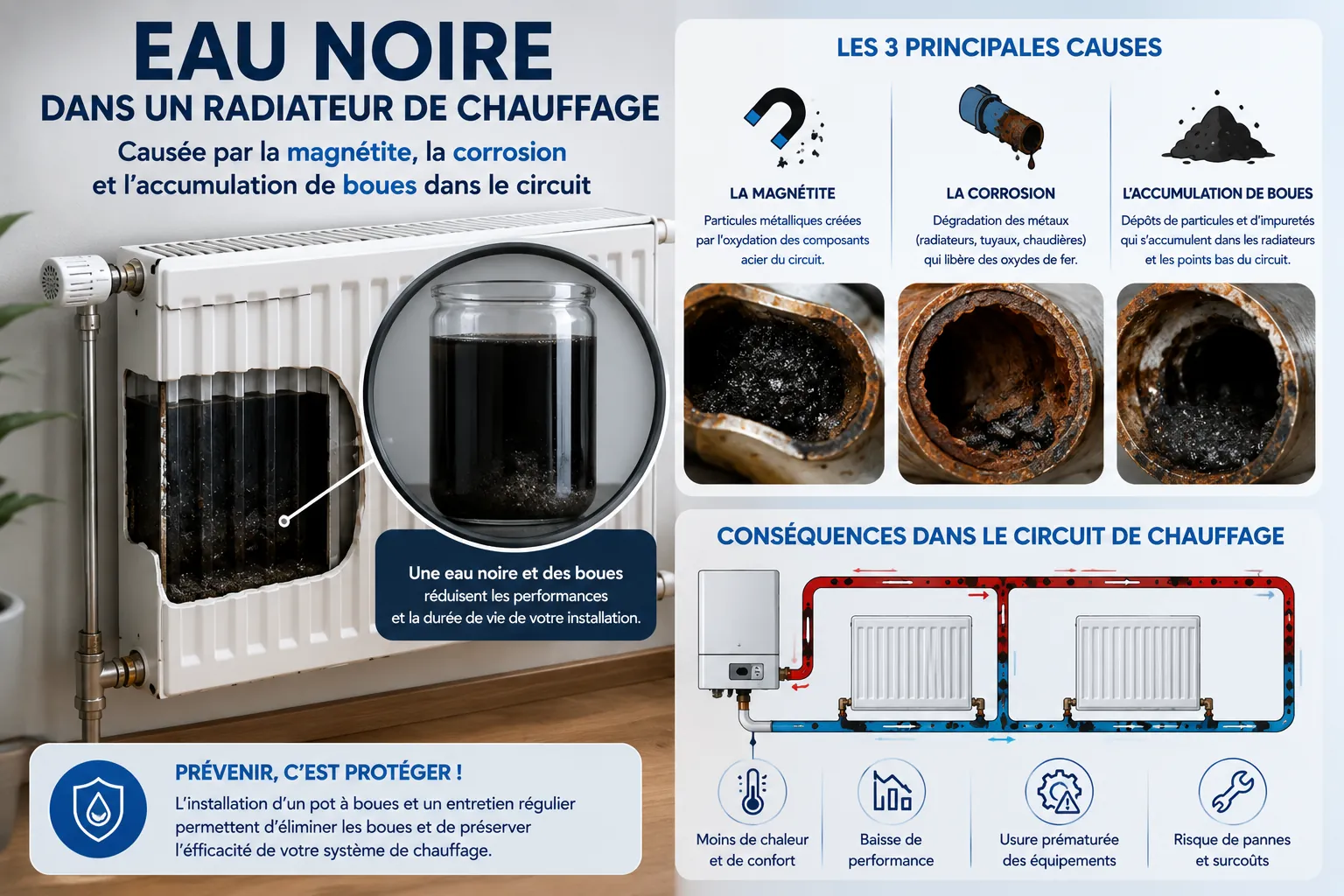 Eau noire dans un radiateur de chauffage causée par la magnétite, la corrosion et l'accumulation de boues dans le circuit