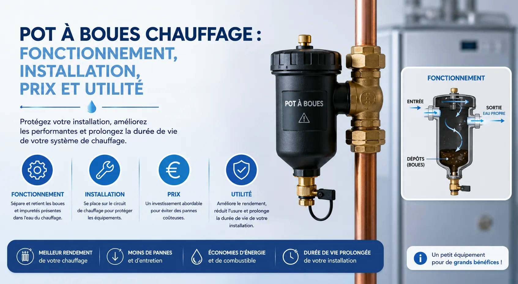 Pot à boues chauffage installé sur un circuit de chauffage central