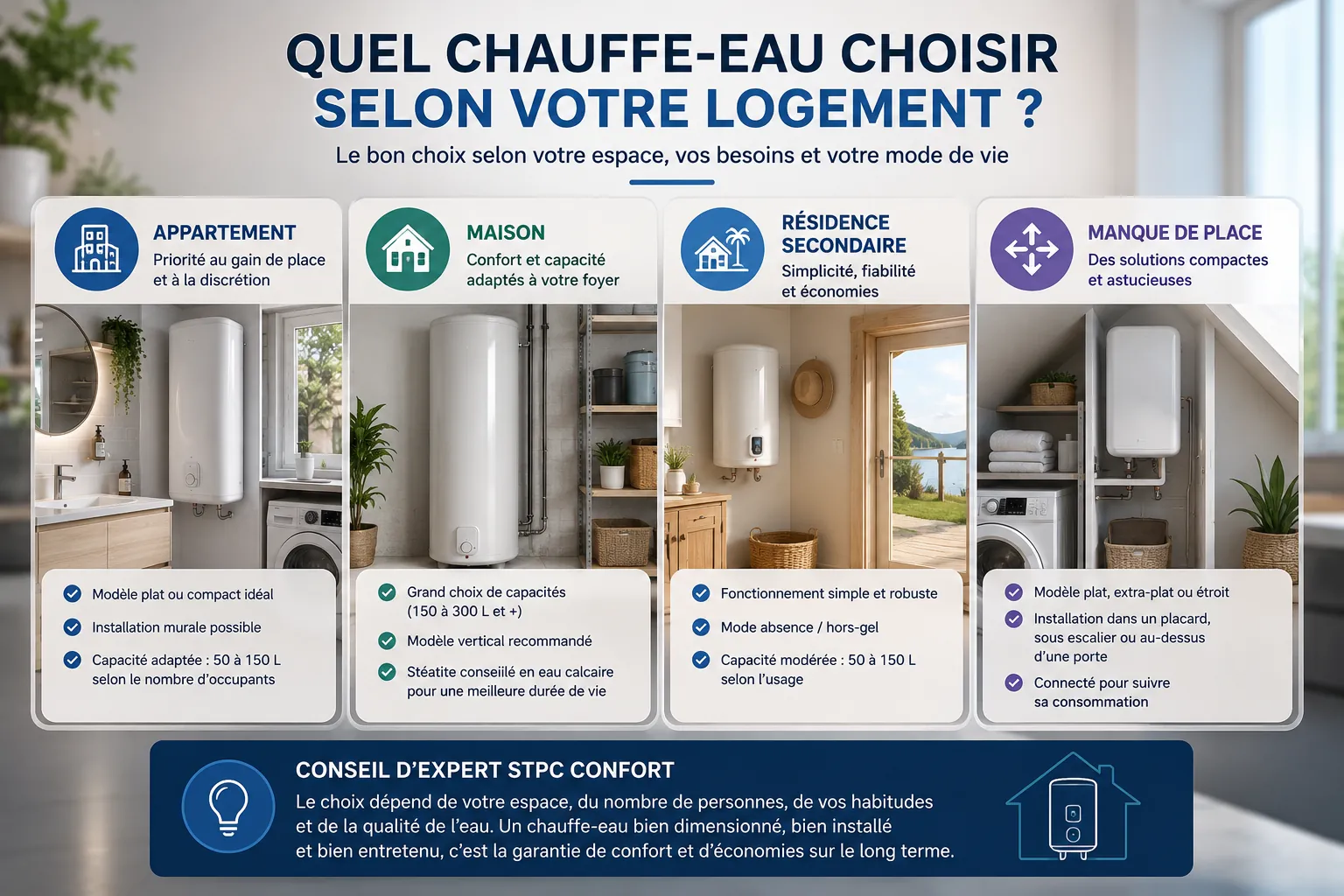 Choisir un chauffe-eau selon le type de logement : appartement, maison, résidence secondaire ou petit espace.