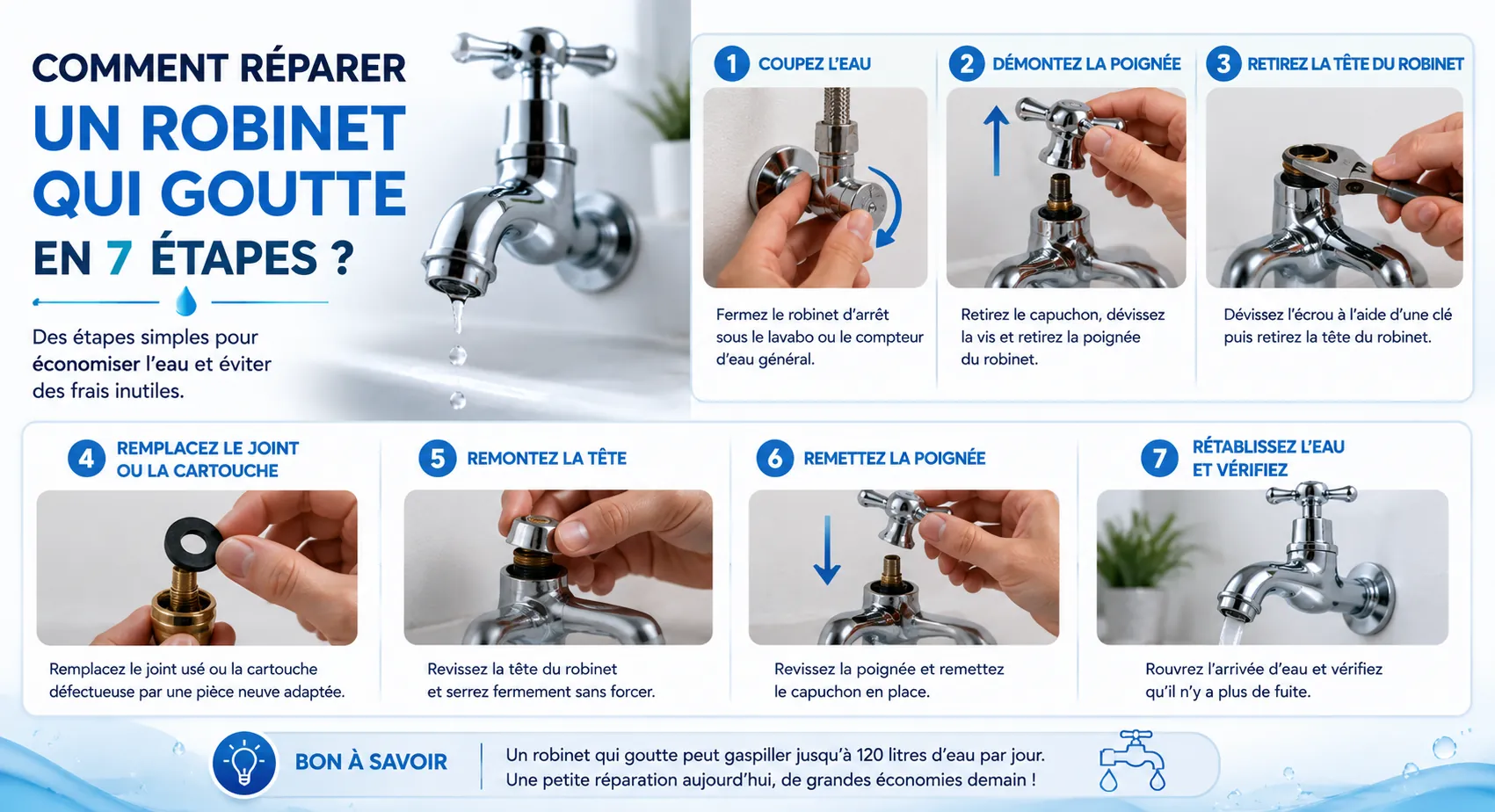 Tutoriel visuel de réparation d'un robinet qui goutte avec remplacement du joint et remontage du mécanisme.