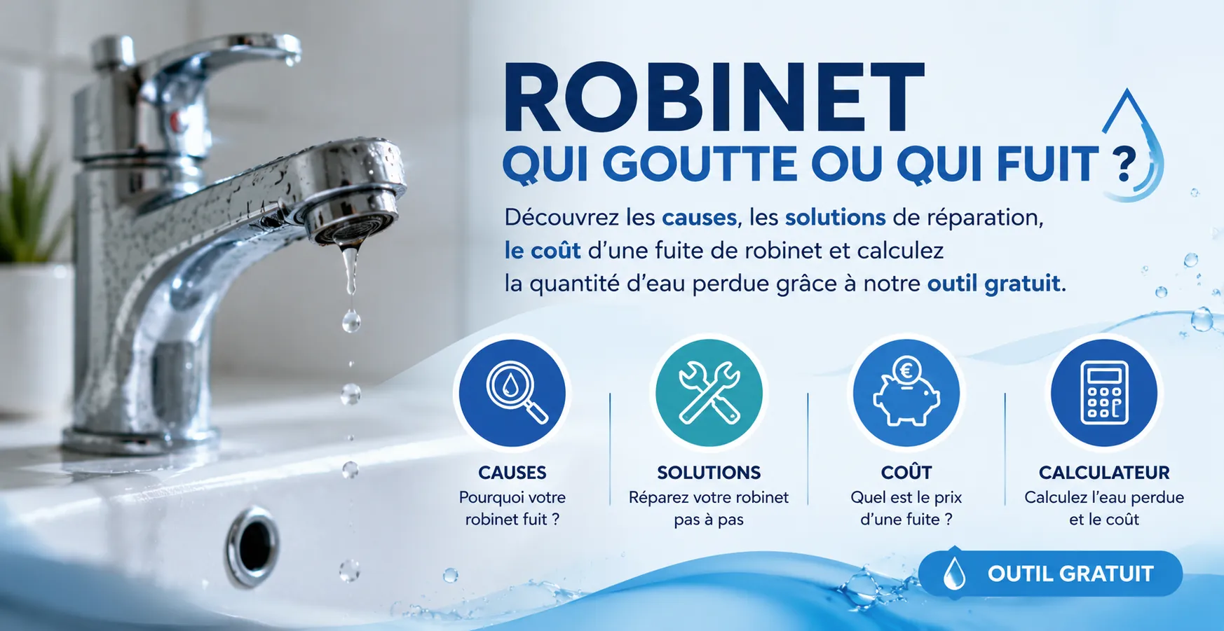 Robinet qui goutte ou qui fuit ? Découvrez les causes, les solutions de réparation, le coût d’une fuite de robinet et calculez la quantité d’eau perdue grâce à notre outil gratuit.