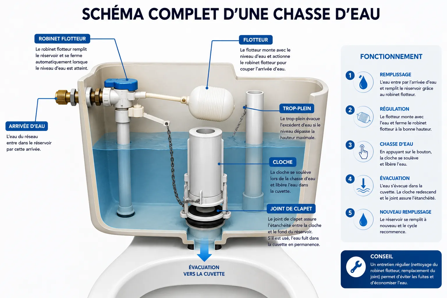 Schéma complet d'une chasse d'eau Schéma complet d'une chasse d'eau avec flotteur, robinet flotteur, trop-plein, cloche et joint de clapet