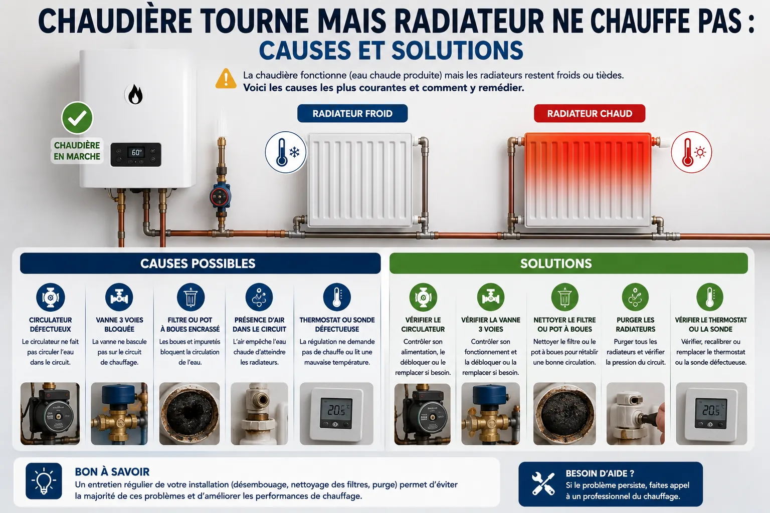 Chaudière tourne mais radiateur ne chauffe pas : diagnostic des causes possibles comme pression insuffisante, circulateur bloqué, vanne 3 voies ou embouage du circuit