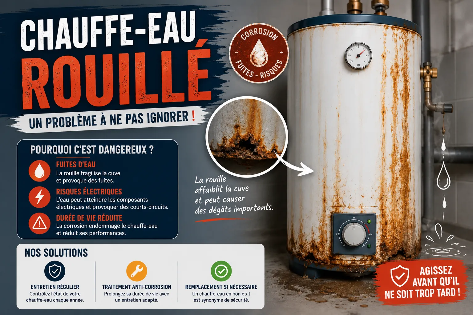 Chauffe-eau rouillé avec traces de corrosion sur la cuve et risque de fuite d'eau chaude
