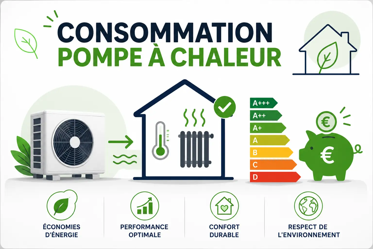 Consommation pompe à chaleur selon la surface du logement et le type de PAC