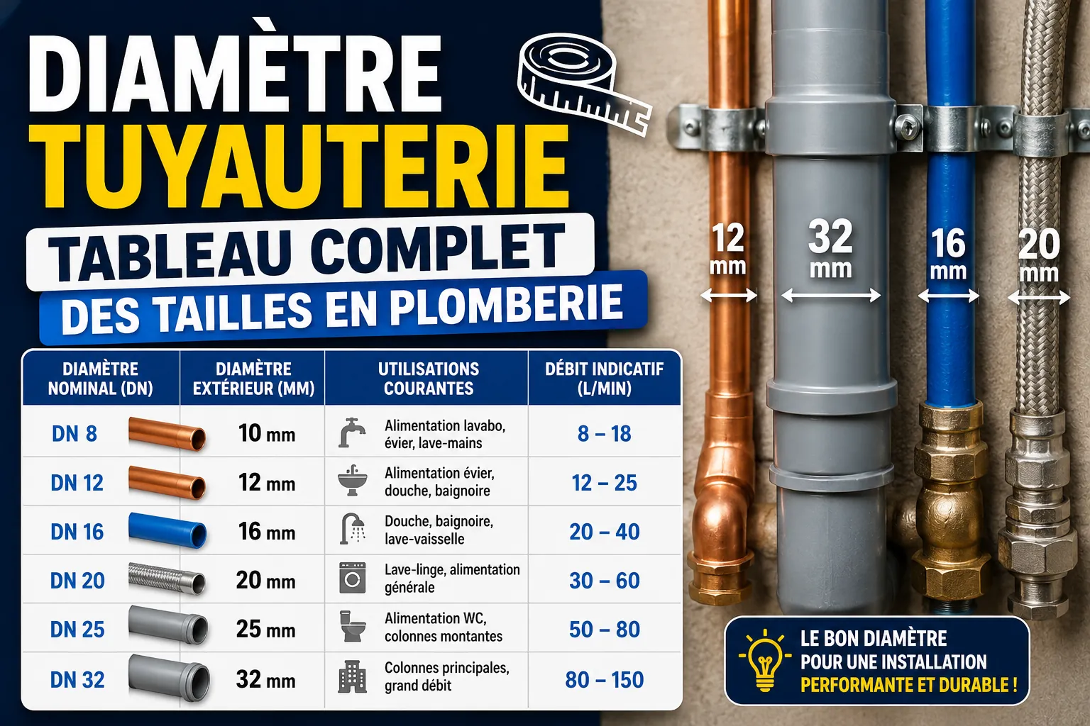 Tableau complet des diamètres de tuyauterie en plomberie pour PER multicouche cuivre et alimentation d'eau maison