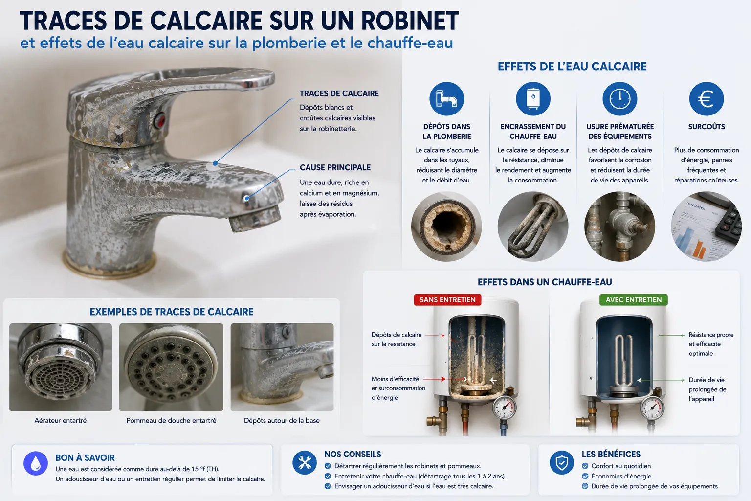 eau calcaire Dépôts de calcaire sur un robinet et dans une installation de chauffe-eau