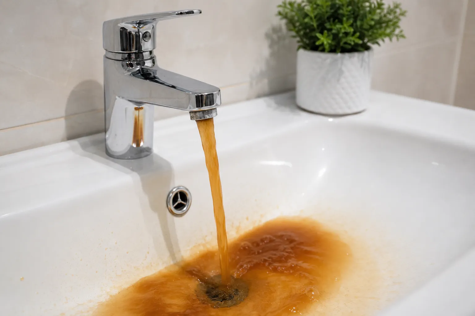 eau-du-robinet-marron Eau du robinet marron coulant d'un mitigeur dans un lavabo