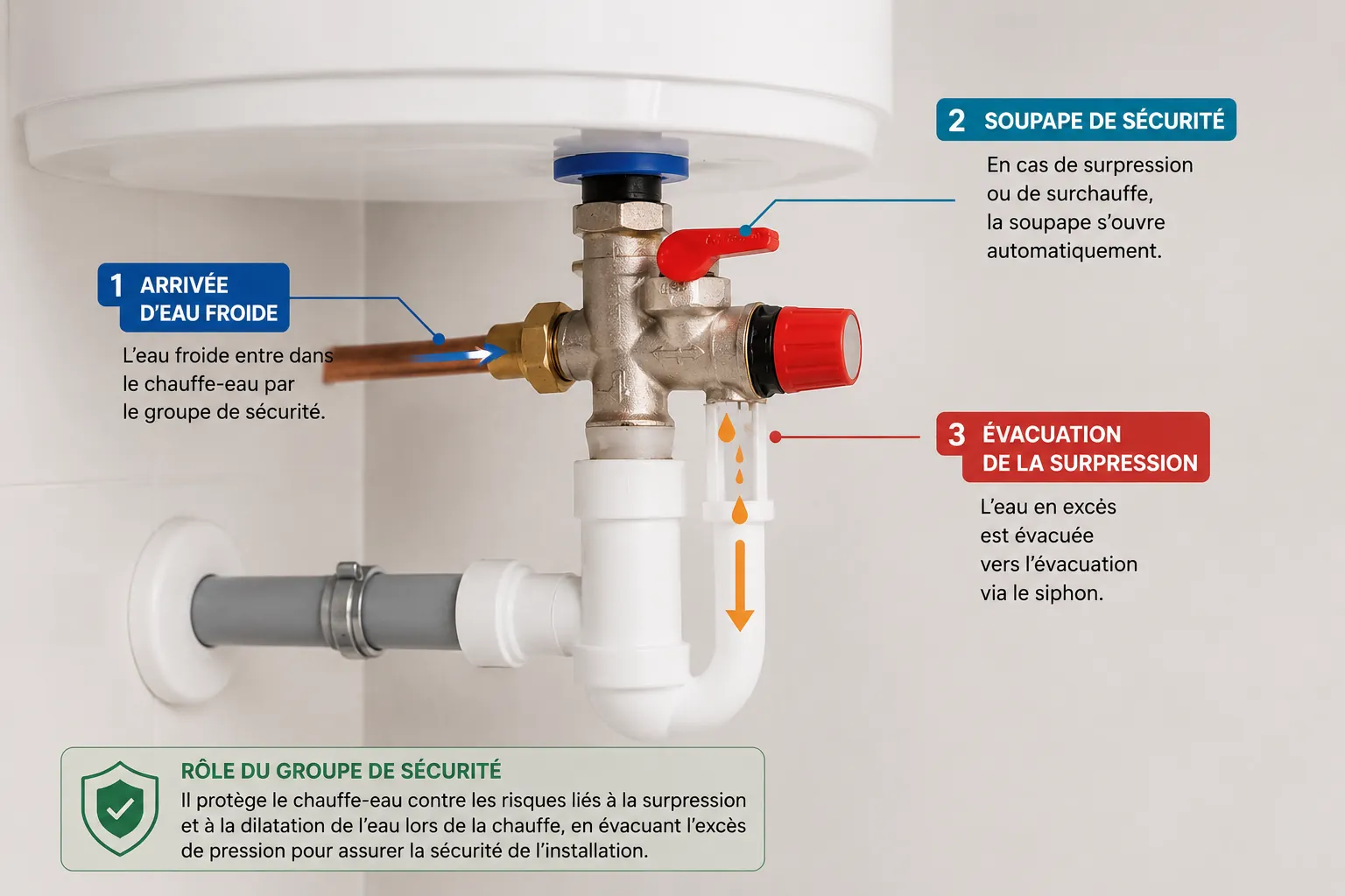 Fonctionnement d'un groupe de sécurité installé sur un chauffe-eau électrique avec arrivée d'eau froide, soupape de sécurité et évacuation de la surpression.
