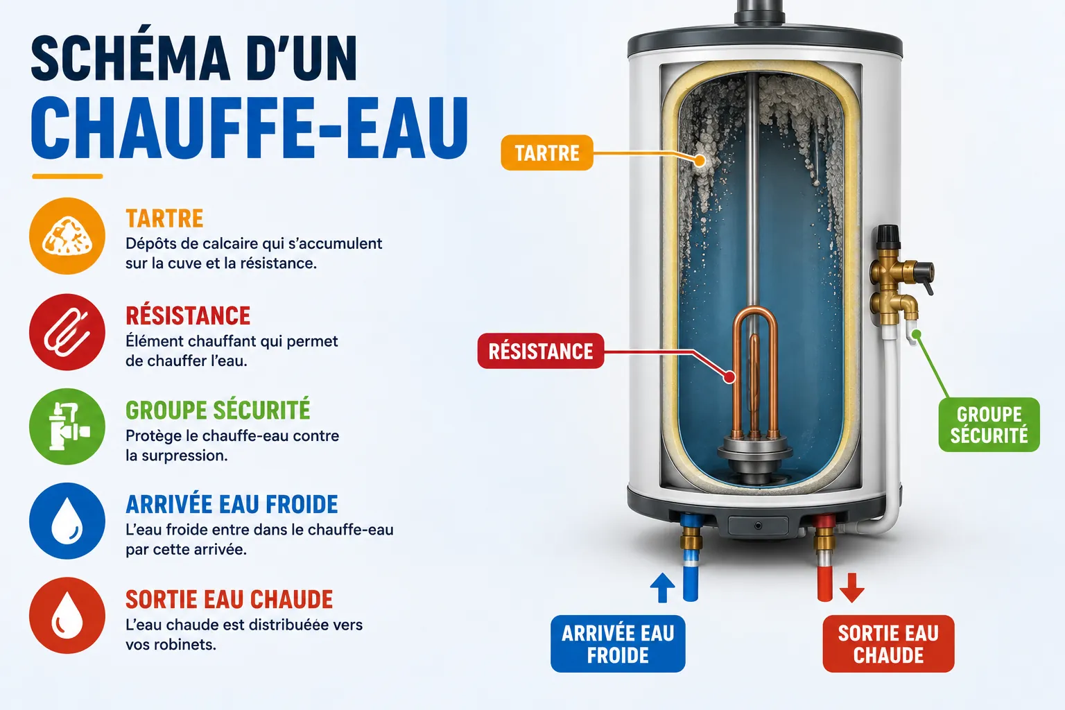 Vue intérieure d’un chauffe-eau avec résistance entartrée, dépôts de calcaire, cuve et groupe de sécurité