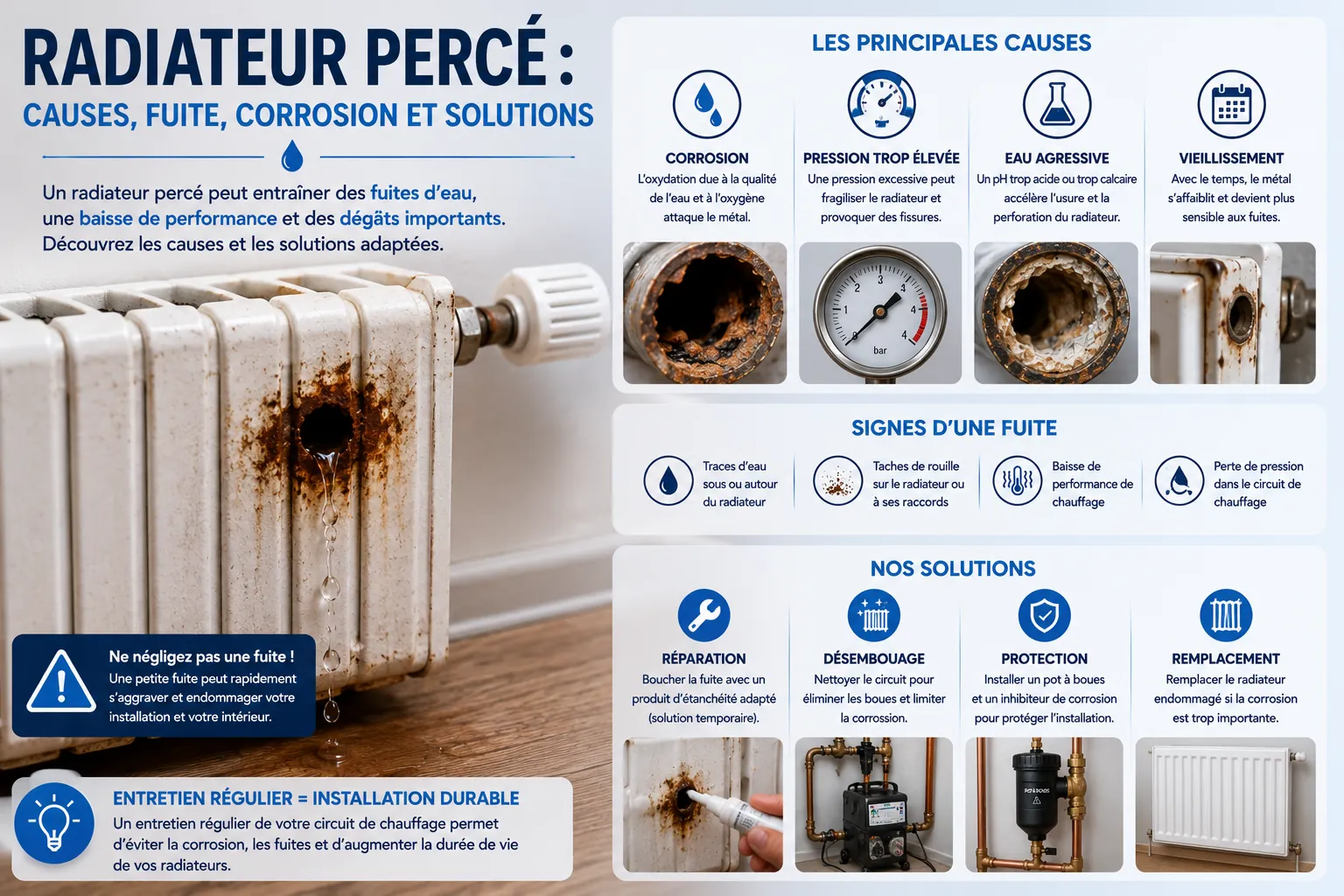 Radiateur percé avec fuite d’eau causée par la corrosion interne du circuit de chauffage